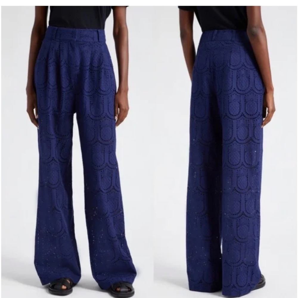 NWT FARM Rio High Waist wide leg Navy Blue Pineapple Eyelet Pants, size XS